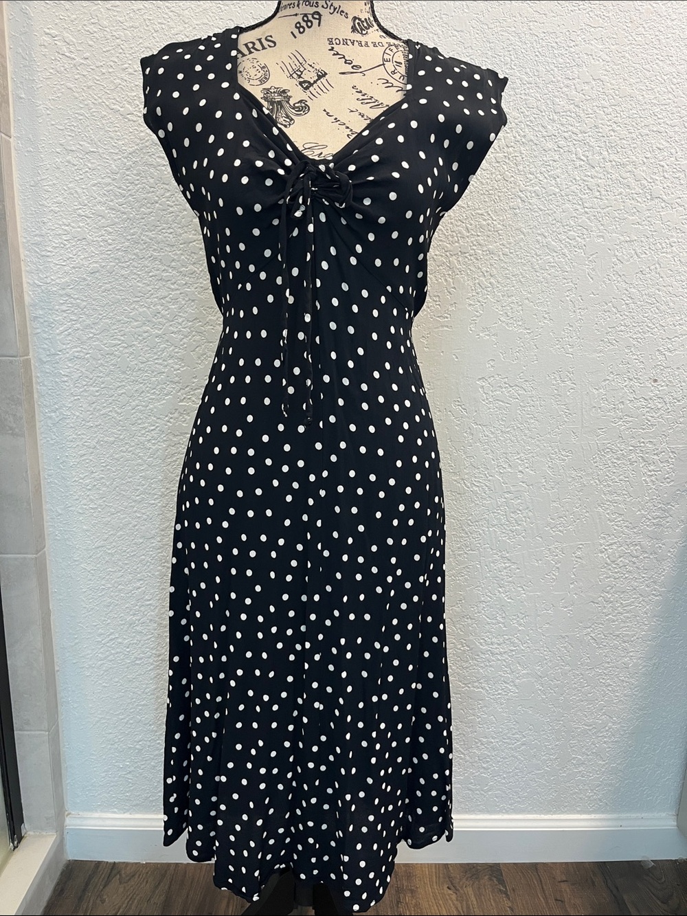 Retro Loco London Black Polka Dot Midi Dress with Knot back